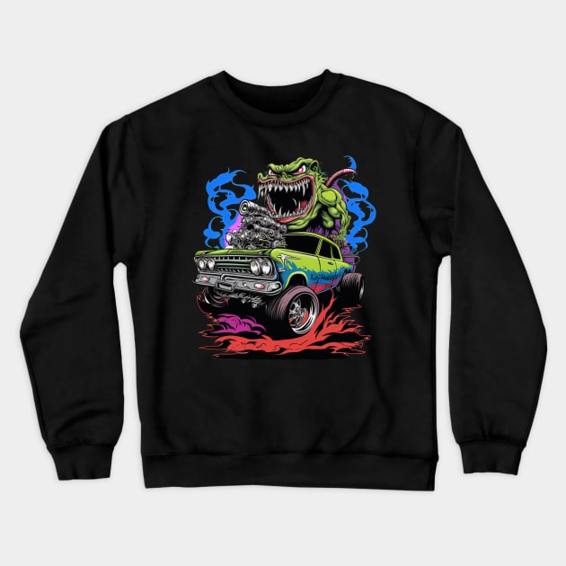 Monster Hot Rod Green Meanie Street Racer Cartoon Retro Design Crewneck Sweatshirt by Coder-T